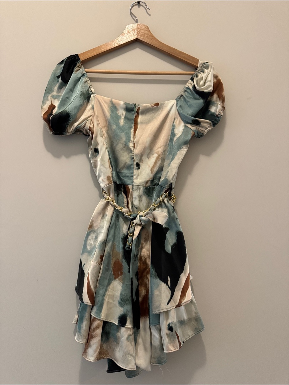 Tiered Puff-Sleeve Romper Dress in Aqua Abstract Print